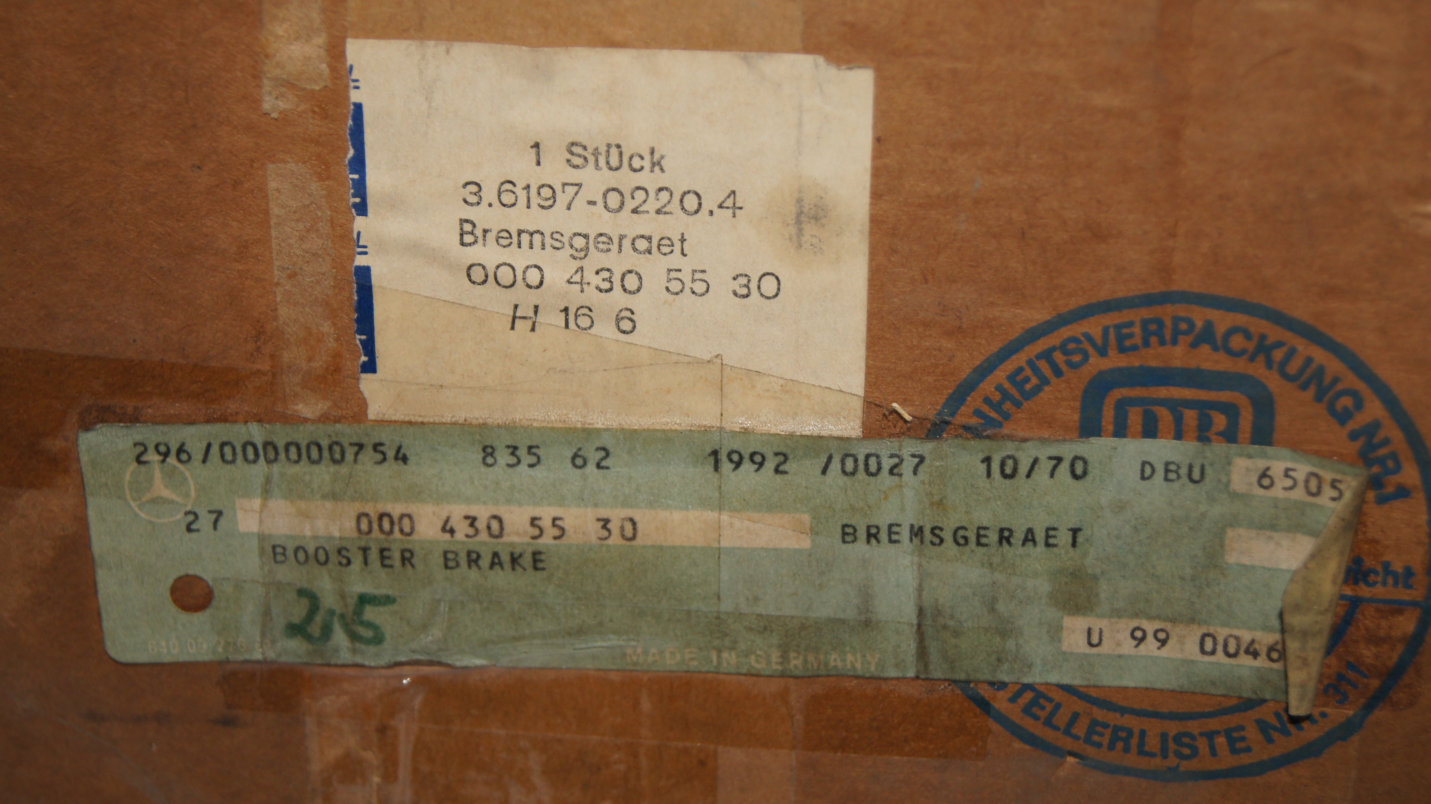 ATE 3.6197-0220.4 Brake Booster Assembly A0004305530 HeckFlosse-Fintail ATE 3.6197-0220.4 Brake Booster Assembly A0004305530 HeckFlosse-Fintail