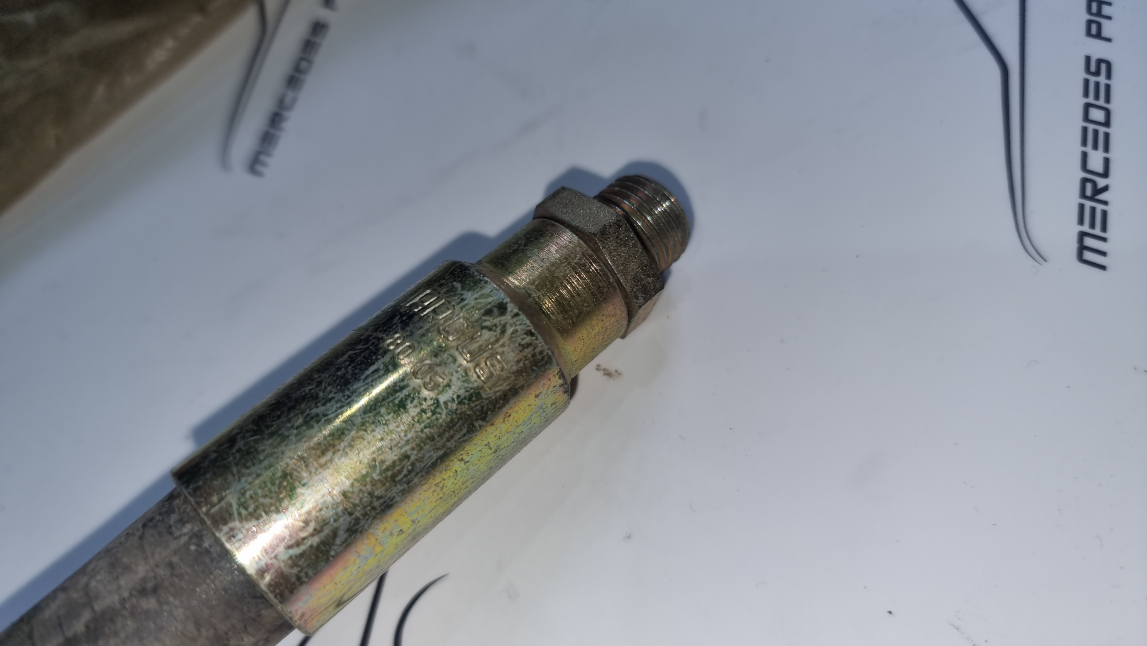 W126 W116 450SEL 6.9 from spring load accumulator to hydropneumatic spring leg hose HPF ARGUS Genuine Mercedes Part W126 W116 450SEL 6.9 from spring load accumulator to hydropneumatic spring leg hose HPF ARGUS Genuine Mercedes Part